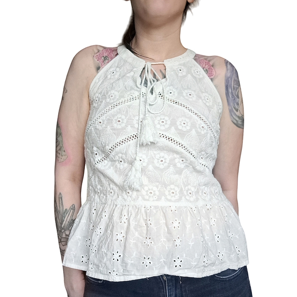 ADIVA | Floral Eyelet Peplum Hem Tassels Tie Cotton Tank Top | Size Medium